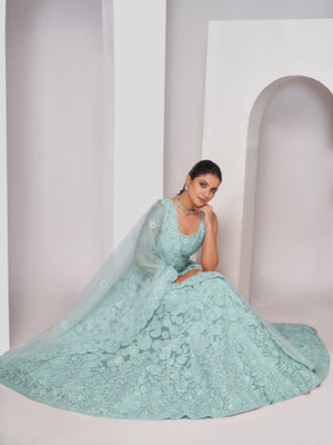 Rajwada Sky Blue Soft Net Embroidered Semi Stitched Lehenga With Unstitched Blouse For Women
