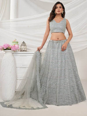 Rajwada Grey Soft Net Embroidered Semi Stitched Lehenga With Unstitched Blouse For Women