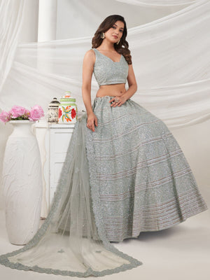 Rajwada Grey Soft Net Embroidered Semi Stitched Lehenga With Unstitched Blouse For Women
