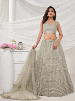 Rajwada White Soft Net Embroidered Semi Stitched Lehenga With Unstitched Blouse For Women