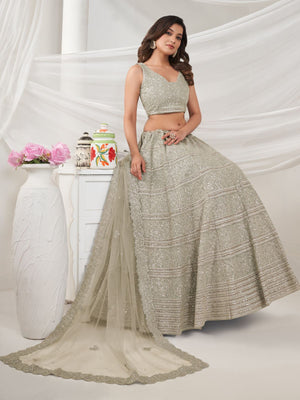 Rajwada White Soft Net Embroidered Semi Stitched Lehenga With Unstitched Blouse For Women