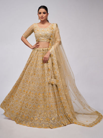 Rajwada Golden Soft Net Embroidered Semi Stitched Lehenga With Unstitched Blouse For Women