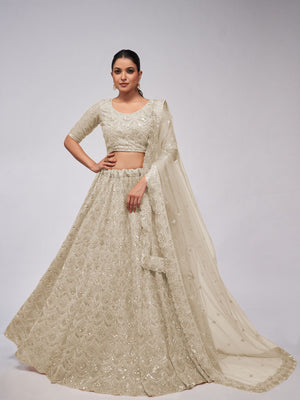 Rajwada White Soft Net Embroidered Semi Stitched Lehenga With Unstitched Blouse For Women