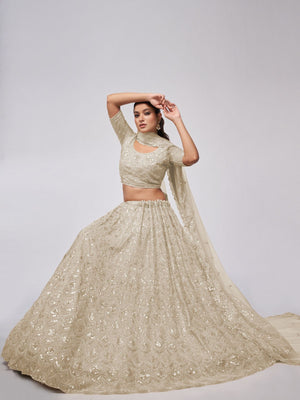 Rajwada White Soft Net Embroidered Semi Stitched Lehenga With Unstitched Blouse For Women