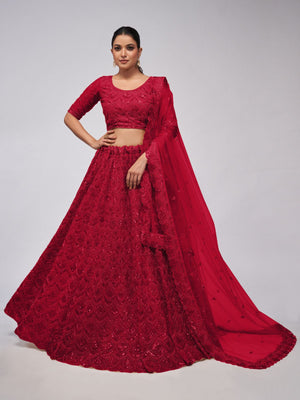 Rajwada Red Soft Net Embroidered Semi Stitched Lehenga With Unstitched Blouse For Women