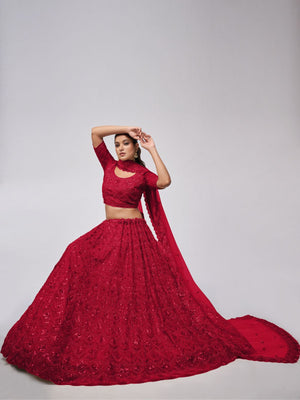 Rajwada Red Soft Net Embroidered Semi Stitched Lehenga With Unstitched Blouse For Women