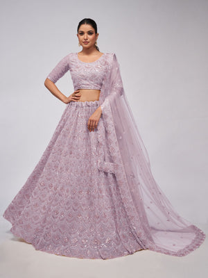 Rajwada Mauve Soft Net Embroidered Semi Stitched Lehenga With Unstitched Blouse For Women
