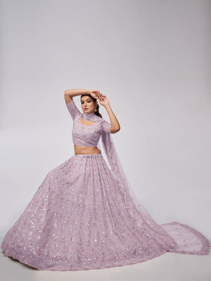 Rajwada Mauve Soft Net Embroidered Semi Stitched Lehenga With Unstitched Blouse For Women
