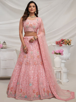 Rajwada Pink Soft Net Embroidered Semi Stitched Lehenga With Unstitched Blouse For Women