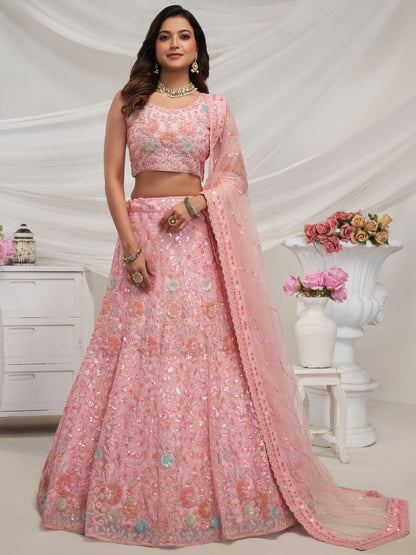 Rajwada Pink Soft Net Embroidered Semi Stitched Lehenga With Unstitched Blouse For Women