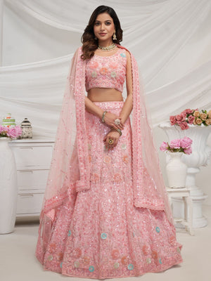 Rajwada Pink Soft Net Embroidered Semi Stitched Lehenga With Unstitched Blouse For Women