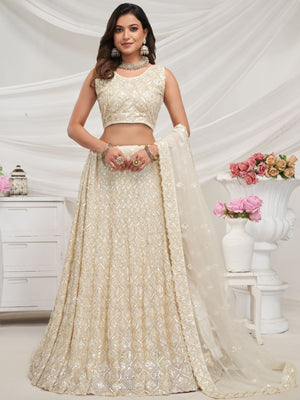 Rajwada White Soft Net Embroidered Semi Stitched Lehenga With Unstitched Blouse For Women
