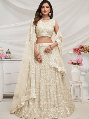 Rajwada White Soft Net Embroidered Semi Stitched Lehenga With Unstitched Blouse For Women