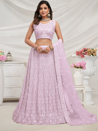 Rajwada Mauve Soft Net Embroidered Semi Stitched Lehenga With Unstitched Blouse For Women