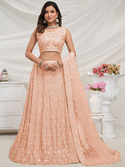Rajwada Peach Soft Net Embroidered Semi Stitched Lehenga With Unstitched Blouse For Women