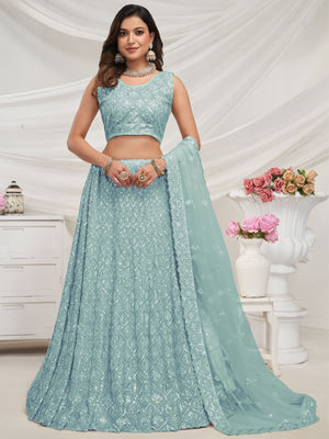 Rajwada Sky Blue Soft Net Embroidered Semi Stitched Lehenga With Unstitched Blouse For Women