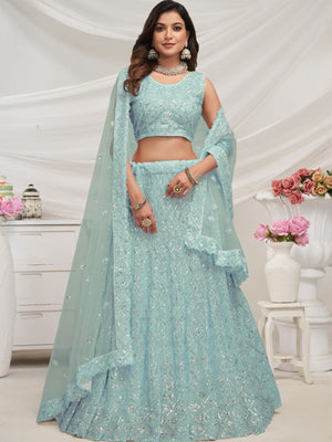 Rajwada Sky Blue Soft Net Embroidered Semi Stitched Lehenga With Unstitched Blouse For Women