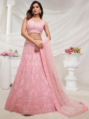 Rajwada Pink Soft Net Embroidered Semi Stitched Lehenga With Unstitched Blouse For Women