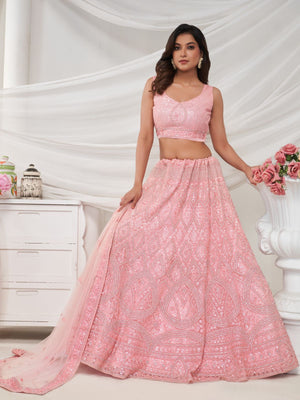 Rajwada Pink Soft Net Embroidered Semi Stitched Lehenga With Unstitched Blouse For Women