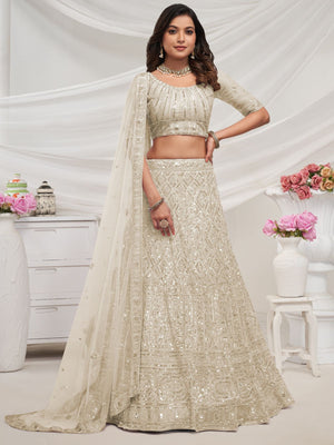Rajwada White Soft Net Embroidered Semi Stitched Lehenga With Unstitched Blouse For Women