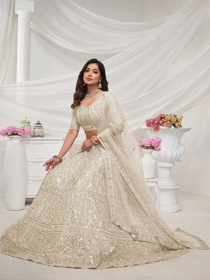 Rajwada White Soft Net Embroidered Semi Stitched Lehenga With Unstitched Blouse For Women