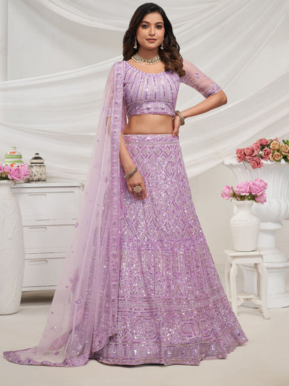 Rajwada Mauve Soft Net Embroidered Semi Stitched Lehenga With Unstitched Blouse For Women