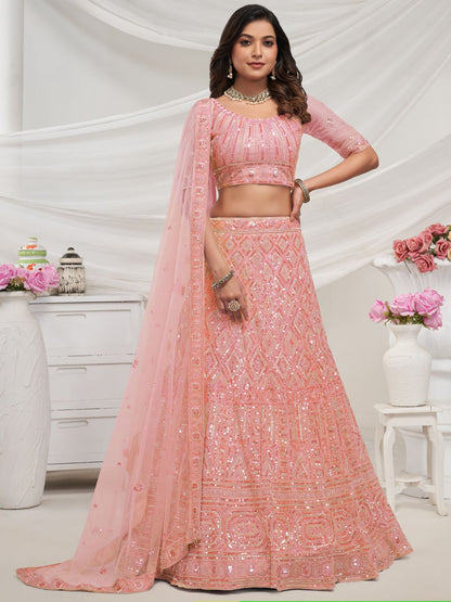 Rajwada Peach Soft Net Embroidered Semi Stitched Lehenga With Unstitched Blouse For Women