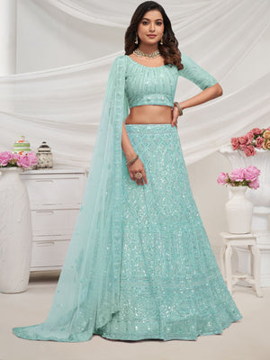 Rajwada Sky Blue Soft Net Embroidered Semi Stitched Lehenga With Unstitched Blouse For Women