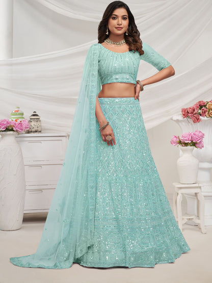 Rajwada Sky Blue Soft Net Embroidered Semi Stitched Lehenga With Unstitched Blouse For Women