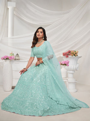 Rajwada Sky Blue Soft Net Embroidered Semi Stitched Lehenga With Unstitched Blouse For Women