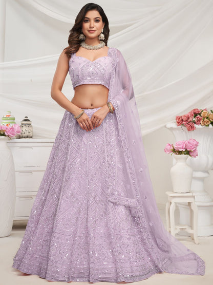 Rajwada Mauve Soft Net Embroidered Semi Stitched Lehenga With Unstitched Blouse For Women