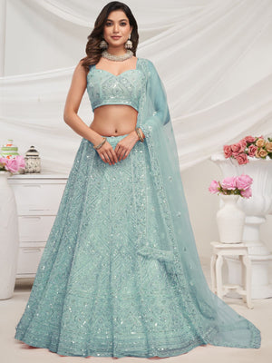 Rajwada Sky Blue Soft Net Embroidered Semi Stitched Lehenga With Unstitched Blouse For Women