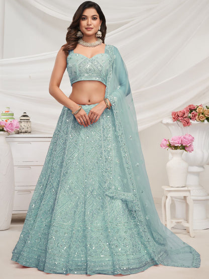 Rajwada Sky Blue Soft Net Embroidered Semi Stitched Lehenga With Unstitched Blouse For Women