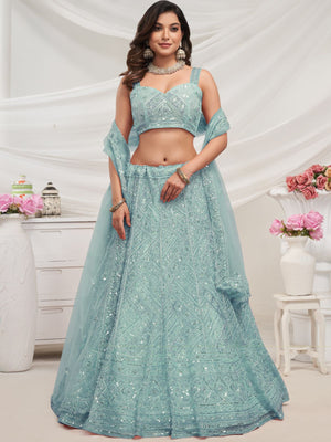 Rajwada Sky Blue Soft Net Embroidered Semi Stitched Lehenga With Unstitched Blouse For Women