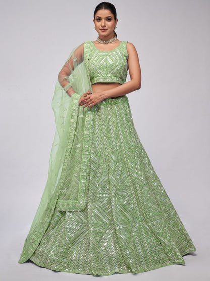 Rajwada Green Soft Net Embroidered Semi Stitched Lehenga With Unstitched Blouse For Women
