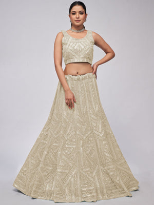 Rajwada White Soft Net Embroidered Semi Stitched Lehenga With Unstitched Blouse For Women