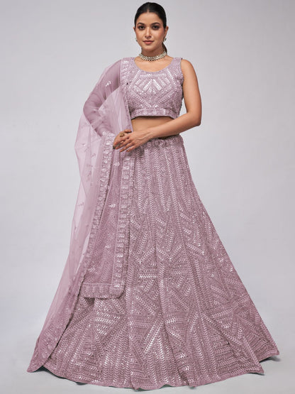 Rajwada Mauve Soft Net Embroidered Semi Stitched Lehenga With Unstitched Blouse For Women