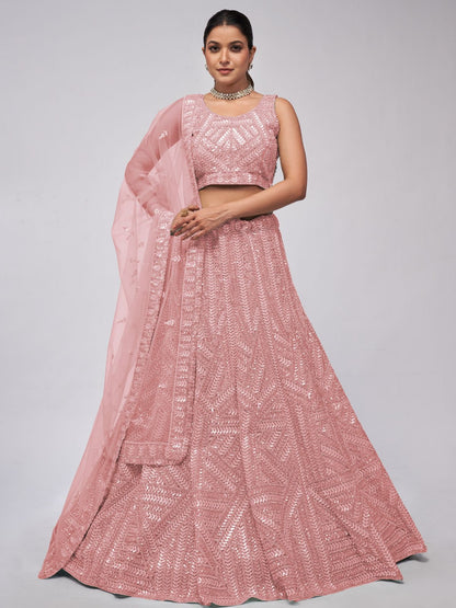 Rajwada Peach Soft Net Embroidered Semi Stitched Lehenga With Unstitched Blouse For Women