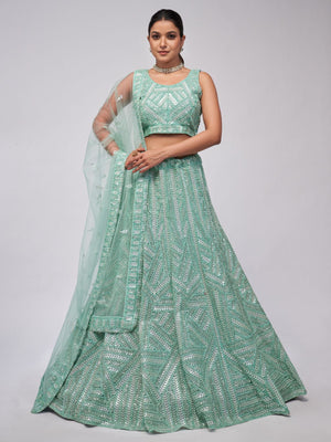 Rajwada Sky Blue Soft Net Embroidered Semi Stitched Lehenga With Unstitched Blouse For Women