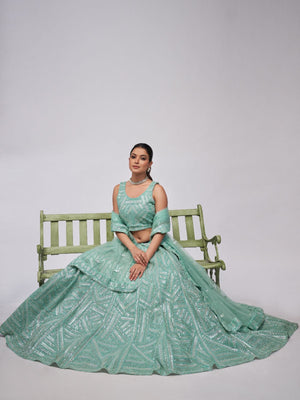 Rajwada Sky Blue Soft Net Embroidered Semi Stitched Lehenga With Unstitched Blouse For Women