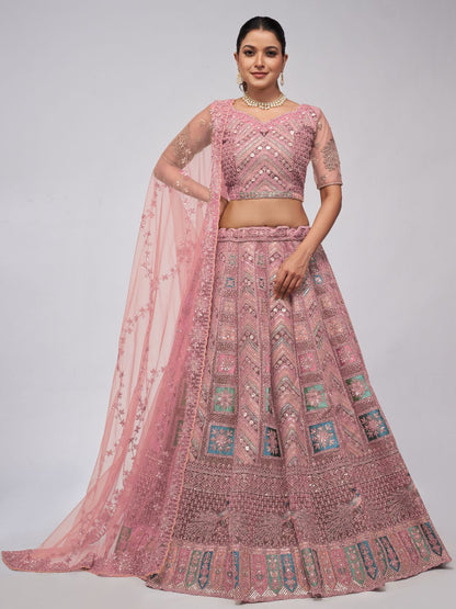 Rajwada Mauve Soft Net Embroidered Semi Stitched Lehenga With Unstitched Blouse For Women
