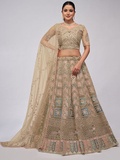 Rajwada Golden Soft Net Embroidered Semi Stitched Lehenga With Unstitched Blouse For Women