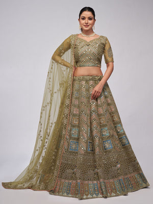 Rajwada Olive Green Soft Net Embroidered Semi Stitched Lehenga With Unstitched Blouse For Women