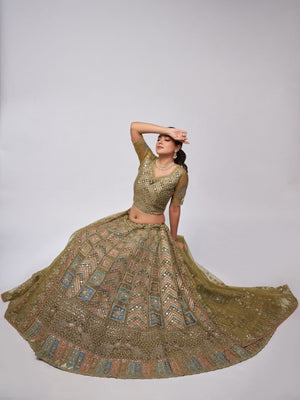 Rajwada Olive Green Soft Net Embroidered Semi Stitched Lehenga With Unstitched Blouse For Women