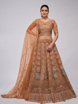 Rajwada Rust Color Soft Net Embroidered Semi Stitched Lehenga With Unstitched Blouse For Women