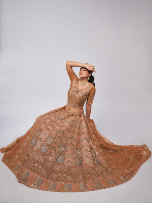 Rajwada Rust Color Soft Net Embroidered Semi Stitched Lehenga With Unstitched Blouse For Women