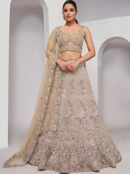 Rajwada Golden Soft Net Embroidered Semi Stitched Lehenga With Unstitched Blouse For Women