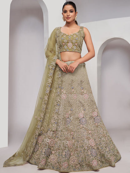 Rajwada Olive Green Soft Net Embroidered Semi Stitched Lehenga With Unstitched Blouse For Women