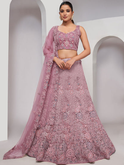 Rajwada Mauve Soft Net Embroidered Semi Stitched Lehenga With Unstitched Blouse For Women