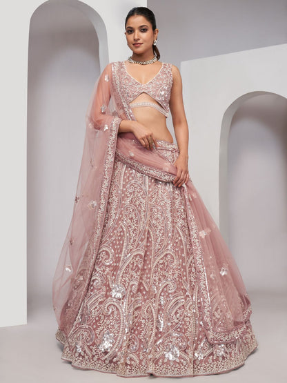 Rajwada Peach Soft Net Embroidered Semi Stitched Lehenga With Unstitched Blouse For Women